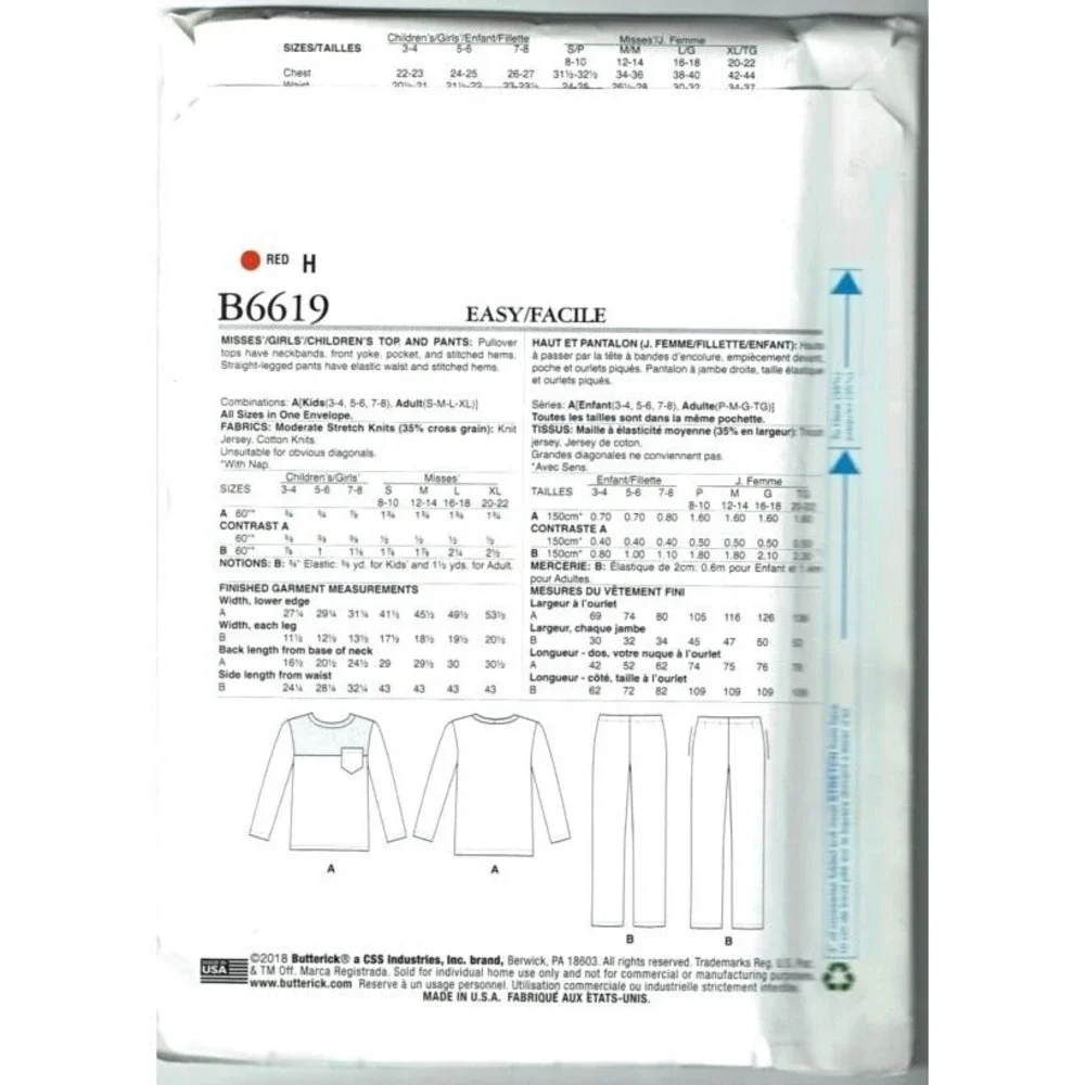 Butterick See and Sew‎ Sewing Pattern 6619 Misses and Child Top Pants